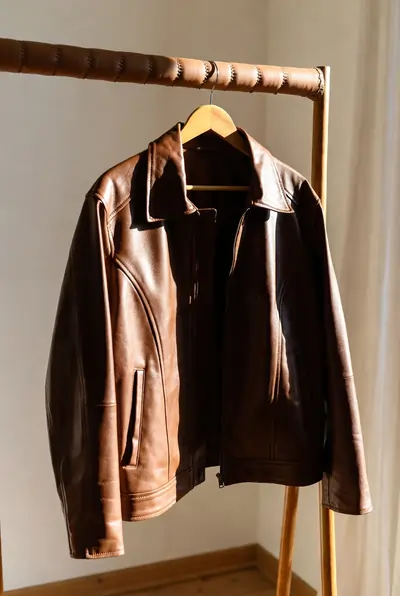 Leather jacket hanging on a hanger in a ventilated indoor room